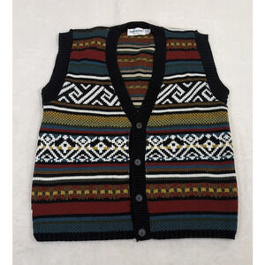 Vtg Cardigan Sweater Vest M Grandpa Preppy Tribal Aztec Grunge Cosby 80s 90s USA
